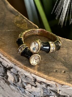 Heidi Daus Black Enamel Crystal Bypass Ring Sz 7.5